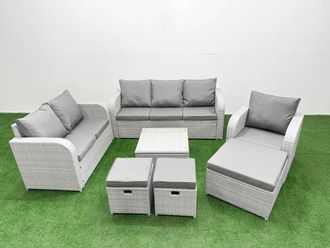 Fimous Patio PE Wicker 9 Seater Outdoor Rattan Furniture Sofa Sets w/ Square Coffee Table Reclining Chair Loveseat Sofa 3 Seater Sofa Stool Light Grey