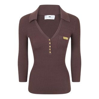 Elisabetta Franchi V-neck Knitwear, female, Brown, Size: XS Micro-braided Knit Polo Shirt