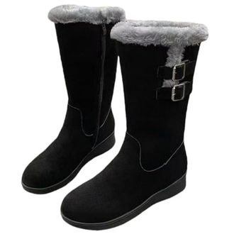 Generic Womens Soft Warm Fur Lining Casual Long Boots, Non Slip Mid Calf Snow Boots with Side Zipper, Solid Color Plush Lined Winter Booties (Black,6.5)