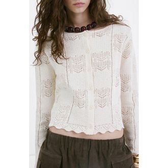 Mango Pointelle Crop Cotton Blend Cardigan in Ecru at Nordstrom, Size X-Small