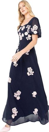 Maya Dames/Dames geborduurde Maxi jurk met pofmouwen (Marine)
