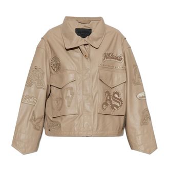 AllSaints Leather Jackets, female, Beige, Size: M Clay Leather Jacket