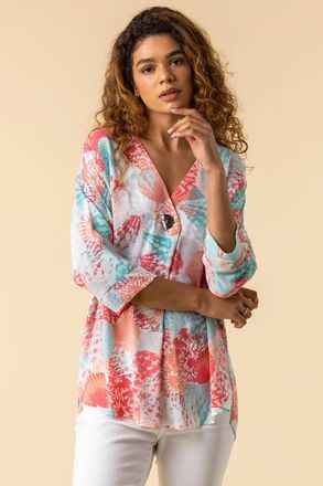 Roman Shell Print Button Detail Kimono Tunic Top