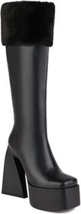 Generic Womens PU Leather Winter Long Boots with Zipper Chunky High Heel Platform Boots Square Toe Knee High Boot,Black,3.5 UK