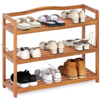 Costway Scarpiera a 2 Livelli, Scaffale per Scarpe in Legno di Acacia Solido con Ganci Laterali in Metallo, Contiene 12 Paia, Capacit&agrave; di Ogni