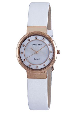 Johan Eric Denmark WoMens JE6100-09-009L Arhus Diamond Rose Gold Ion-Plated Coated Stainless Steel Watch - White Leather - One Size