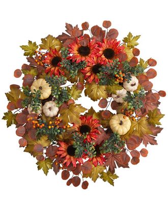 Nearly Natural Fall Acorn, Sunflower, Berries & Autumn Foliage Artificial Wreath 30in Green