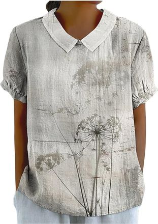 Generic Womens Summer Tops Peter Pan Collar Blouses Short Sleeve Linen Shirt Plus Size Dressy Tops Casual Loose Fit Tee Tops Ladies Linen Outfits Vintage Flor