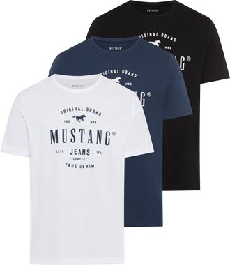 Mustang T-Shirt MUSTANG Style Alex 3-Pack, Herren, Gr. L, schwarz (wei&szlig;, blau, schwarz), Jersey, Obermaterial: 100% Baumwolle, bedruckt, regular fit normal, R