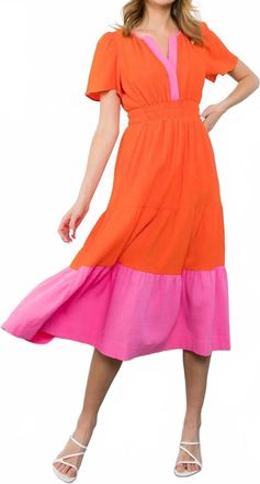 THML Clothing Color Blocked Midi Dress In Orange/pink Trim
