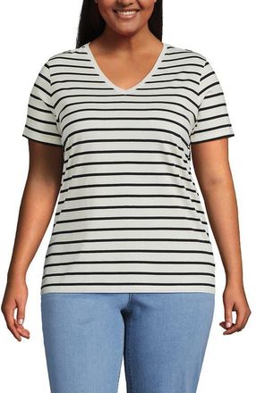 Lands End Supima Cotton V-Neck T-Shirt in Ivory/black Breton Stripe at Nordstrom, Size 1X