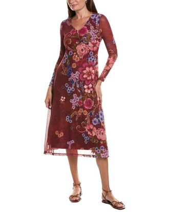 Johnny Was Petite Long Sleeve V-Neck Mesh Midi Dress