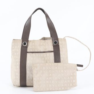 Bulgari Beige Leather Canvas Handbag Shoulder Bag Tote Bag (Pre-Owned)