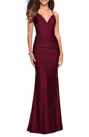 La Femme Form Fitting Jersey Dress with Ruching and Strappy Back in Dark Berry at Nordstrom, Size 10
