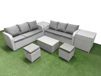 Fimous Outdoor Garden Furniture Sets 8 Seater Wicker Rattan Furniture Sofa Sets w/ Rectangular Coffee Table high Back Lounge Sofa Stools 2 Side Table