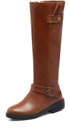 Generic Womens Flat Heel Knee-High Riding Boots with Buckle for Casual Everyday,Brown,7.5 UK
