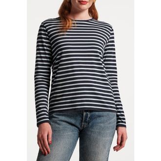 Frances Valentine Long Sleeve Striped Tee Shirt Stripe 100% Pima Cotton in Navy/light Blue at Nordstrom, Size X-Large
