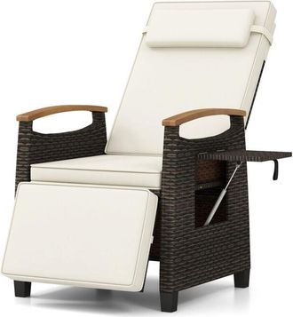 Costway Patio Wicker Recliner Chair Rattan Lounger Adjustable Backrest White