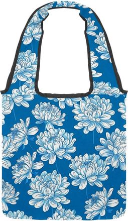 Generic Blue and White Peonies Reversible Canvas Shoulder Tote - Double-Sided Print, 12oz Cotton, 27cm Drop, Fold-Flat Bag for Travel, Shopping, Street Outing