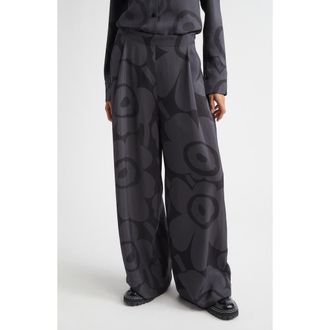 Marimekko Nhtvyys Unikko Pleated Wide Leg Twill Pants in Black/Dark Grey at Nordstrom, Size 16 Us