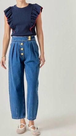 English Factory Contrast Merrow Detail Ruffled Knit Top In Navy