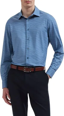 Bugatchi James OoohCotton Herringbone Print Button-Up Shirt in Marine Blue at Nordstrom, Size Xxx-Large