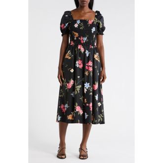 Ellen Tracy Square Neck Poplin Midi Dress in Black Garden Floral at Nordstrom Rack, Size X-Small
