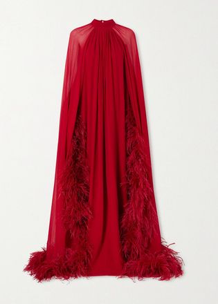 Taller Marmo Abito In Chiffon Effetto Mantella Con Piume Eterea - Rosso