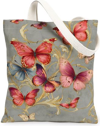 Generic Butterfly Floral Canvas Tote Bags, Stylish Insect Design Reusable Grocery Bags, Spring Vintage Lightweight Washable Shoulde, Gray, 13x15 Inch