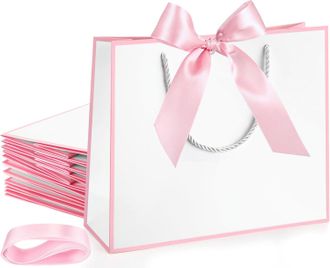 No Brand Bolsas De Regalo De 12 Piezas Con Asas Y Lazos, Perfectas Para Fiestas Hawaianas De Inauguraci&oacute;n De Casa (blanco, Rosa)