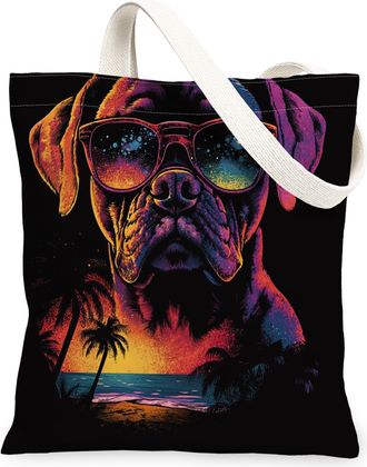 Generic Summer Boxer Dog Canvas Tote Bag for Shopping 13x15, Cool Beach Coastal Puppy Reusable Grocery Print Pattern Bag for Women, Retro Pet Beach Aesthetic 