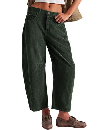 Generic Womens Baggy Corduroy Pants Barrel Cropped Pants Elastic Mid Waist Cord Pants Work Business Casual Wide Leg Trouser (Dark Green,XXL)