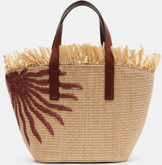 Farm Rio Basket Small fringed leather-trimmed tote bag