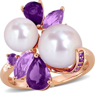 Mimi & Max 7mm Pink Cultured Freshwater Pearl Smokey Quartz Rose Quartz Garnet Ring Rose Silver