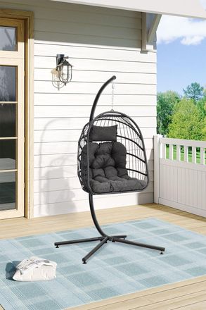H&O Direct Outdoor Hanging Chair with Stand & Cushion in Dark Grey