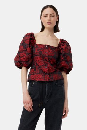 Ganni Red Botanical Jacquard Fitted Blouse in High Risk Red Size 10 Womens