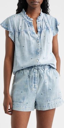 Rails Ruthie Floral Embroidered Ruffle Cap Sleeve Button-Up Top in Ivory Carnations at Nordstrom, Size Xx-Small