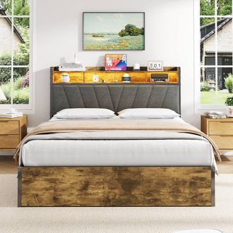 Merax Walnut Ottoman Bed with LED Storage Headboard & Charging Station | Size: Double