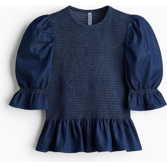 H&M Smocked Denim Blouse in Dark Denim Blue at Nordstrom, Size Xx-Large