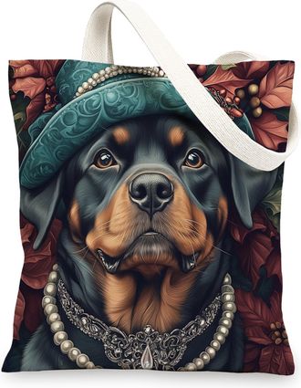 Generic Vintage Christmas Rottweilers Dog Canvas Tote Bag for Shopping 13x15, Retro Xmas Puppy Reusable Grocery Print Pattern Bag for Women Men, Pet Aesthetic