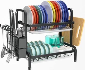 OEM Escurridor De Cocina Negro, Escurridor De Acero Inoxidable De Doble Capa Con Bandeja De Drenaje Y Cesta Para Platos (39 X 23,5 X 42 Cm)