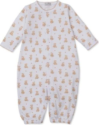 Kissy Kissy Teddy Bear Print Convertible Pima Cotton Gown in White/Tan at Nordstrom, Size Newborn