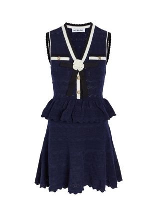 Self Portrait Peplum Pointelle-knit Mini Dress - Navy - S (UK8-10 / S)