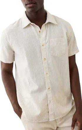 Marine Layer Better-Than-Linen Stripe Short Sleeve Button-Up Shirt in Tan/white Stripe at Nordstrom, Size Xx-Large