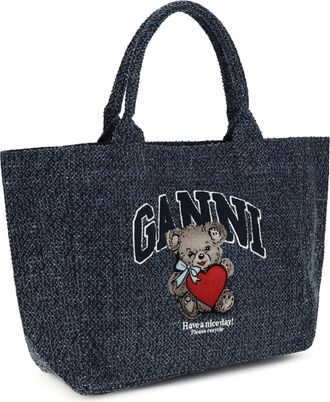 Ganni Womens Medium Denim Tote Bag With Bear Rinse Cotton Shoulder