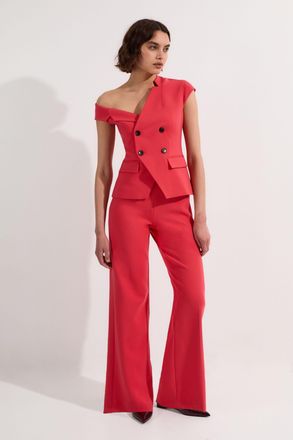 Karen Millen Womens Compact Stretch Asymmetric Collar Wide Leg Tailored Jumpsuit - Pink - Size 12 UK