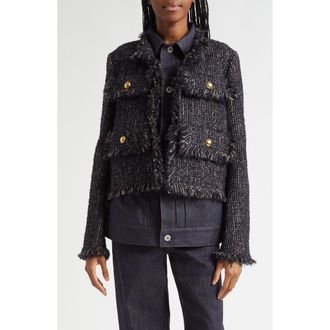 sacai Tweed & Denim Layered Jacket in Navy/Indigo at Nordstrom, Size 4