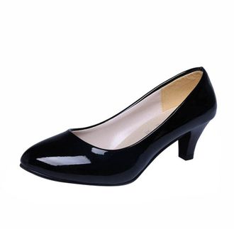 Generic Black Ladies Stylish Round Toe 3Cm High Heels Slim Heels Shallow Mouth Casual Comfortable Leather Shoes for Professional Use