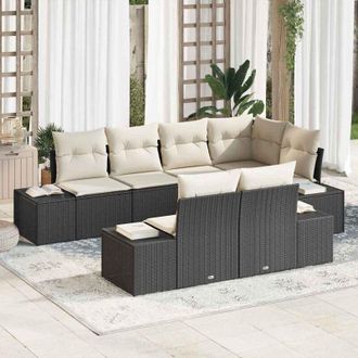 vidaXL Conjunto De Sof&aacute; De Jard&iacute;n 7 Pcs Negro Y Crema Rat&aacute;n Sint&eacute;tico Vidaxl