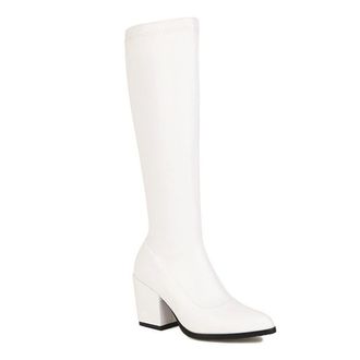 Generic Womens Minimalist Side Zipper Knee High Boots Slim Stretch Wide Calf Pull On Pointed Toe Chunky Heels Winter Dress Shoes (7.5,White)